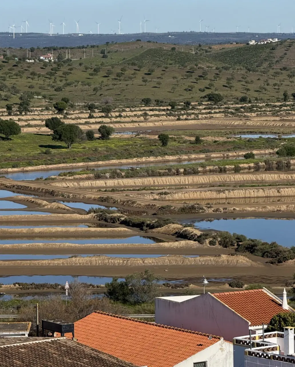 Salt pans and low hills with wind turbines in the distance